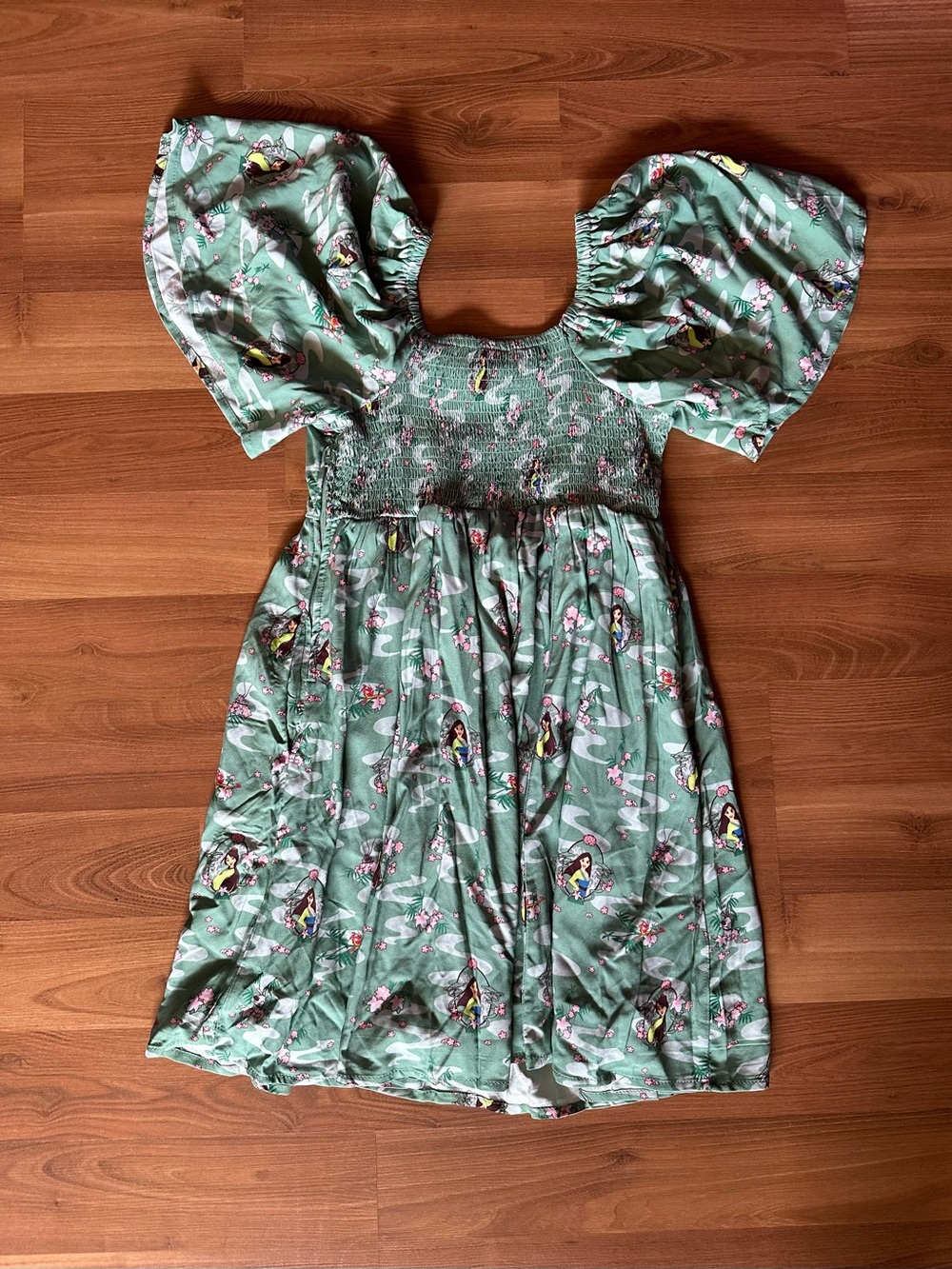 Disney Mulan Princess Mint Green Floral Puff-Sleeve Midi Dress - Picture 11 of 16